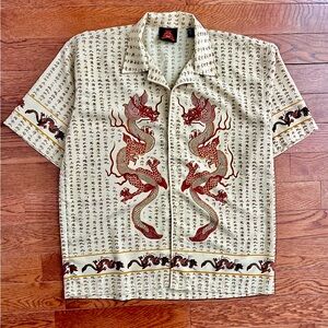 7 Diamonds Beige Chinese Dragon Print Men's Shirt